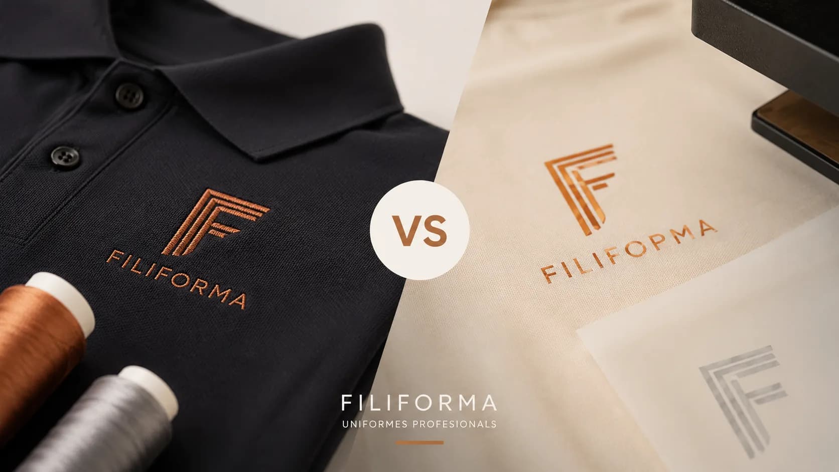 Primer plano de dos uniformes oscuros, uno con un logotipo bordado y otro con una personalización gráfica DTF.